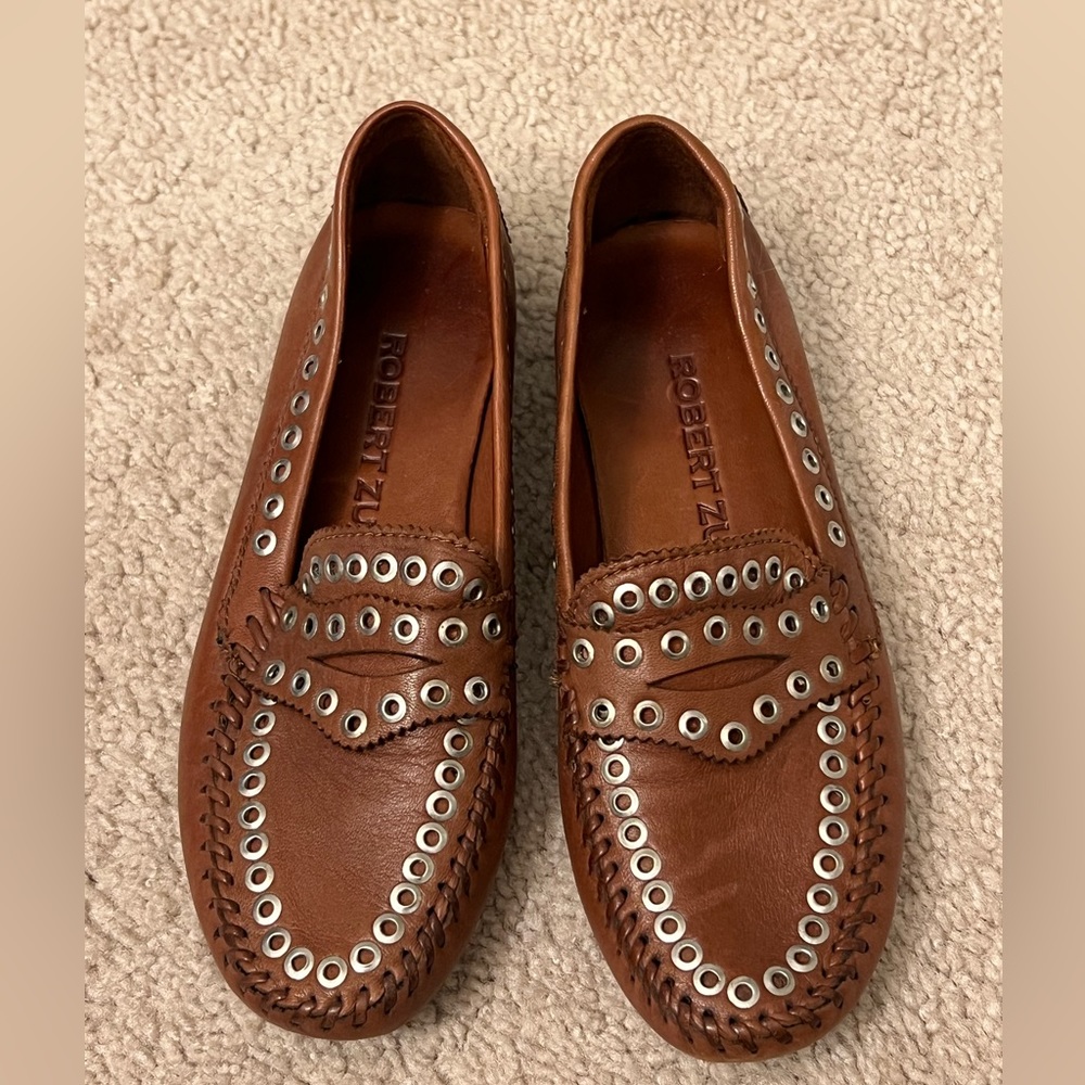 Robert Zur Brown Leather Loafers with Gromet Detail